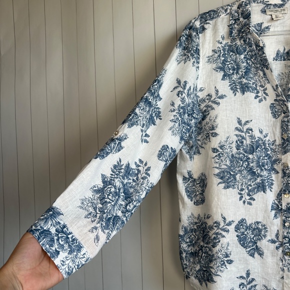 Rachel Zoe size L long sleeve button up shirt 100% linen white blue floral - Picture 3 of 12